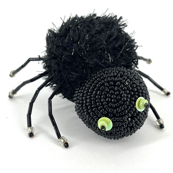 Halloween Spider Pin Brooch Hand Crafted Beaded Head & Legs Plush Fuzzy Body 3" - Picture 1 of 11